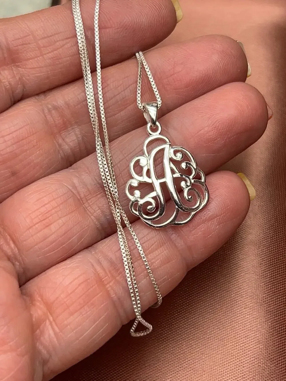 925 Sterling Silver 18” Box Chain Ornate Script Initial A Monogram Pendant
